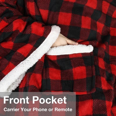 Red Check Sherpa Fleece Wearable Blanket with Sleeves