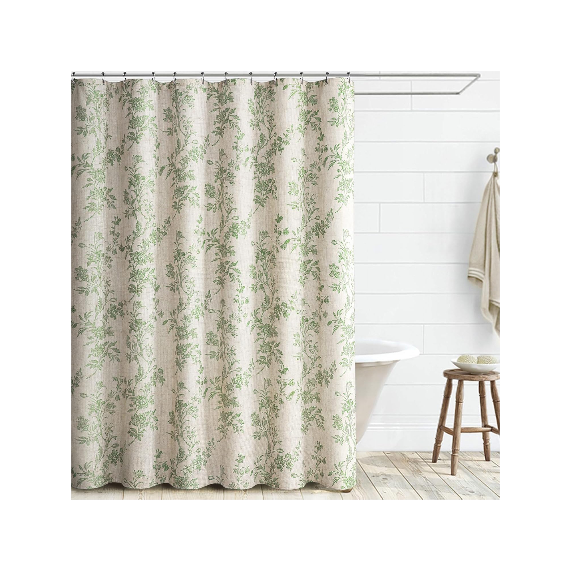 Beige Linen Shower Curtain,Sage Green Cotton Floral Cottagecore Spring Shower Curtain for Bathroom 70.8x70.8 Inch