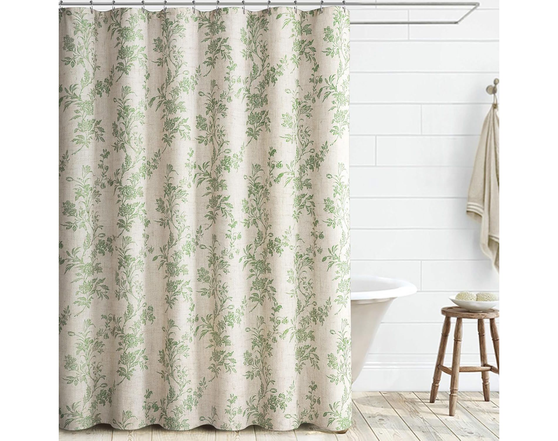 Beige Linen Shower Curtain,Sage Green Cotton Floral Cottagecore Spring Shower Curtain for Bathroom 70.8x70.8 Inch