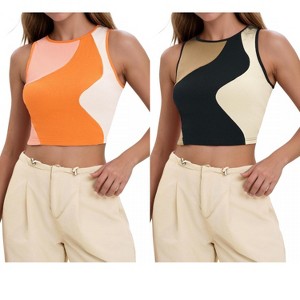 INSPIRE CHIC Women's Color Block Summer Crew Neck Ribbed Sleeveless Crop Going Out Tank Tops 2 Packs - 1 of 4