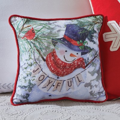 Joyful Snowman Square Holiday Throw Pillow with Red Trim