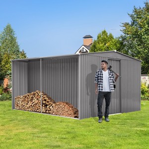 New Outdoor Storage Shed Has Two Functions: Metal Shed And Firewood Shed 13 ft¡Á11 ft , More Suitable For Winter , Grey - 1 of 4