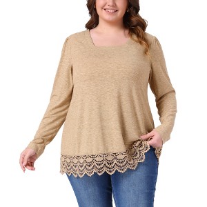 Women's Lace Hem Square Neck Long Sleeve Casual Tunic Blouse - Agnes Orinda - 1 of 4