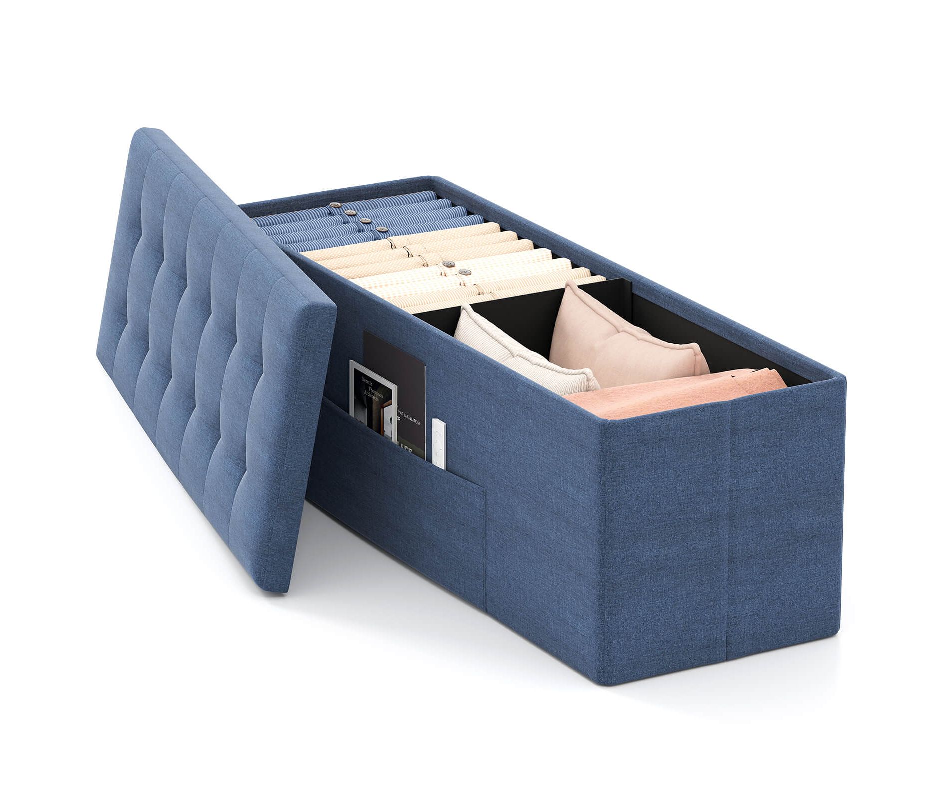 Costway Fabric Folding Storage Ottoman Storage Chest W/Divider Bed End Bench Navy