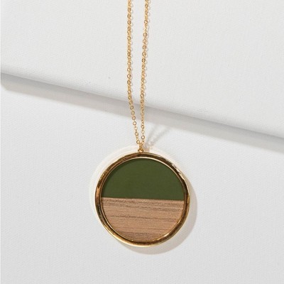 Olive Green Enamel Wood Circle Necklace