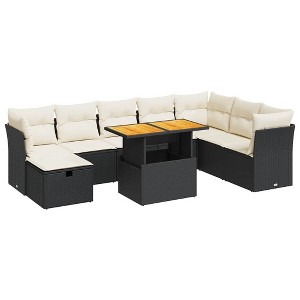 vidaXL 9 Piece Patio Sofa Set with Cushions Black Poly Rattan Acacia - Black and cream with storage - 1 of 4