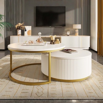 NicBex Modern Round Nesting Coffee Table with Drawer and Metal Base for Living Room
