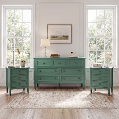 green dresser for bedroom Heynemo 3-Piece Set, 7-Drawer with 2 Matching 3-Drawer Nightstands, Green, Gold Knobs, Wood-Grain Finish : Target sage green dresser diy