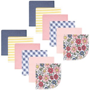 Hudson Baby Infant Girl Flannel Cotton Washcloths, Pink Blue Pretty Floral 12 Pack, One Size - 1 of 4