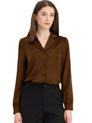 Allegra K Women's Elegant Collar V Neck Long Sleeve Work Office Satin Button Down Shirt