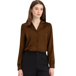 Allegra K Women's Elegant Collar V Neck Long Sleeve Work Office Satin Button Down Shirt - 1 of 4