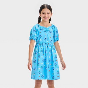 Girls' Lilo & Stitch Ruched Neckline All Over Print Dress - Blue - 1 of 3