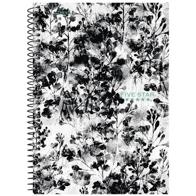 Five Star 80pg 2 Subject Ruled Notebook 9.5"x7.2" Black and White Floral: Spiral College Ruled, Acid-Free, Water-Resistant
