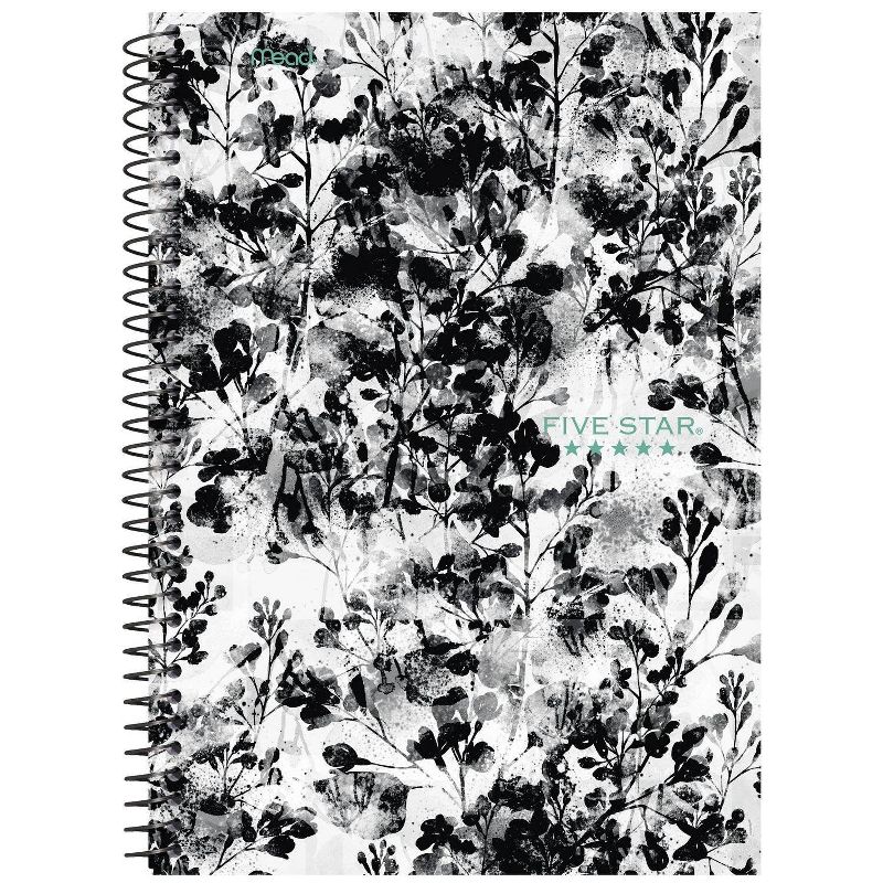 Five Star 80pg 2 Subject Ruled Notebook 9.5&#34;x7.2&#34; Black and White Floral, 1 of 8
