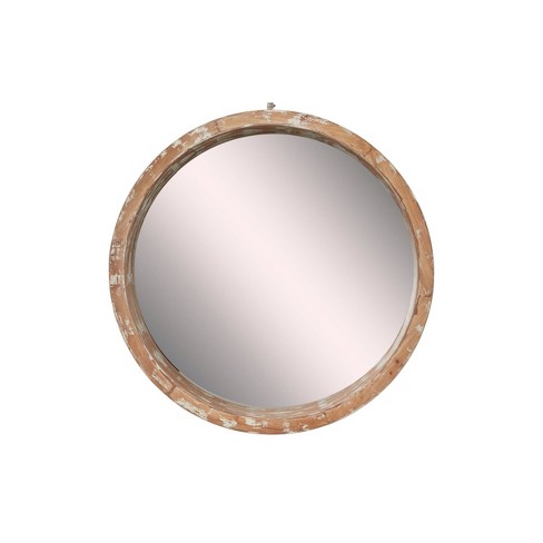39 X Vintage Style Distressed, Large Round Mirror With Natural Wood Frame