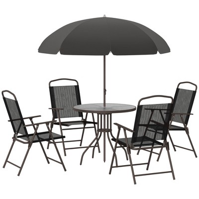 Outsunny 6 Piece Patio Dining Set for 4 with Umbrella, 4 Folding Dining Chairs & Round Glass Table for Garden, Backyard, and Poolside