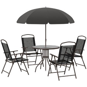 Outsunny 6 Piece Patio Dining Set for 4 with Umbrella, 4 Folding Dining Chairs & Round Glass Table for Garden, Backyard, and Poolside - 1 of 4