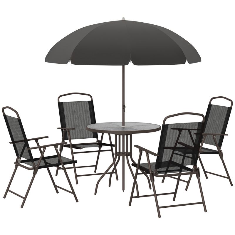 Outsunny 6 Piece Patio Dining Set for 4 with Umbrella, 4 Folding Dining Chairs & Round Glass Table for Garden, Backyard, and Poolside, 1 of 11