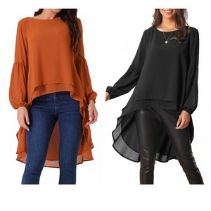INSPIRE CHIC Women's Lantern Long Sleeve Round Neck High Low Irregular Hem Casual Blouse 2 Packs - 1 of 4