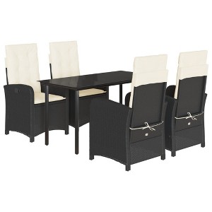 vidaXL 5 Piece Patio Dining Set Black Poly Rattan with Cushions - Adjustable Reclining Chairs, Tempered Glass Table - 1 of 4