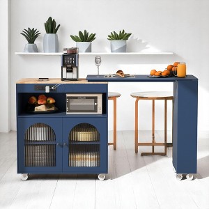 Rolling Kitchen Island with Extendable Table, LED Lights, USB, Fluted Glass Doors, Storage Cabinet and Adjustable Shelves for Dining Room - 1 of 4