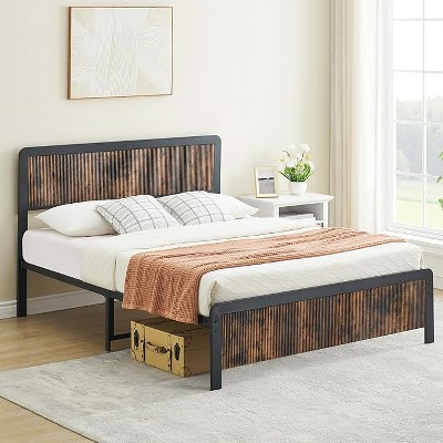 Queen Platform Bed Frame with Storage & Wave Wood Headboard, No Box Spring Needed