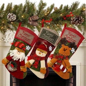 3PCS 18 inch Classic Large Stockings Santa Snowman Reindeer Xmas Family Holiday Party Decorations Red Green White Soft - 1 of 4