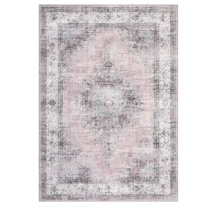 Vintage Distressed Floral Medallion Area Rug Machine Washable Soft Floor Carpet for Home Office - 1 of 4