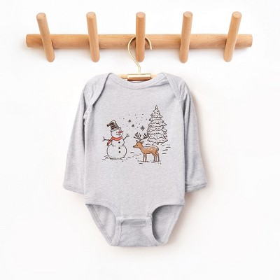 The Juniper Shop Deer Snowman Scene Baby Long Sleeve Bodysuit