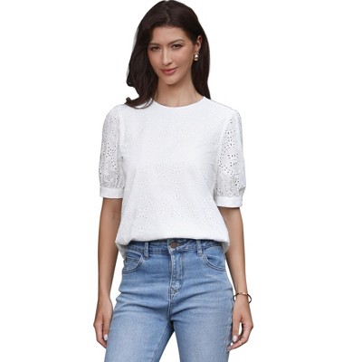 INSPIRE CHIC Women's Summer Puff Short Sleeve Crew Neck Eyelet Loose Tunic Blouses