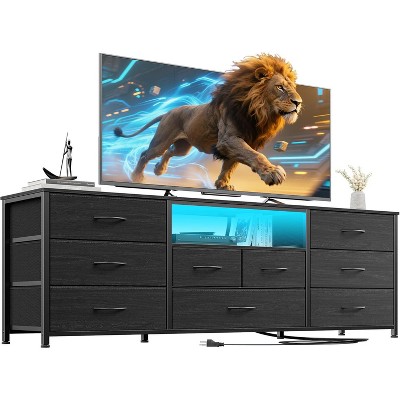 Furnulem 9 Drawer Dresser 63” Long TV Stand for Bedroom Center with Power Outlet & LED Light for 65"-75" TV Black Dresser with Fabric Storage