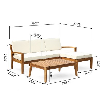Teak and Beige Acacia Wood 3-Seater Outdoor Sectional Sofa Set with Ottoman
