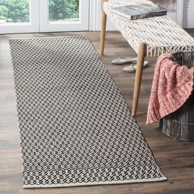 Ivory and Black Geometric Flat Woven Cotton Runner Rug