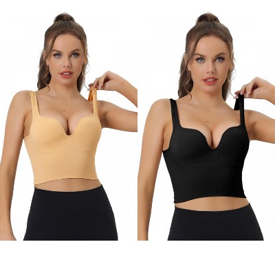 Allegra K Women's Wireless Medium Support Push-Up Fixed Straps Workout Sleep Sports Bra 2 Packs
