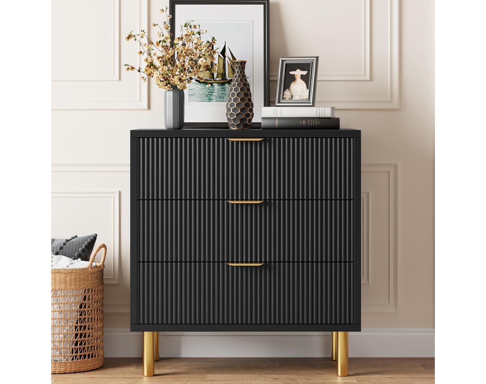 3 Drawer Dresser for Bedroom, Nightstand Chest of Drawers, Modern Storage Dresser Organizer with Gold Metal Handles & Anti-Tipping Device, Black