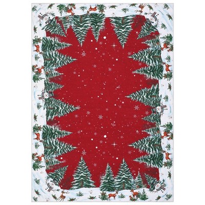 Coolmee  Snowman House Pine Tree Christmas Washable Area Rugs Winter Home Decor Low-Profile Rugs for Entryway Bedroom Living RoomRed