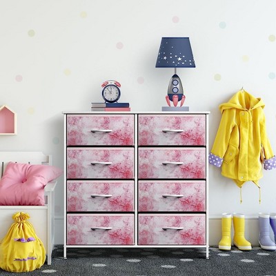 White and Pink 8-Drawer Fabric Dresser with Steel Frame