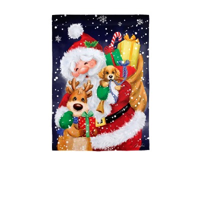 Evergreen Santa, Reindeer and Puppy Suede Garden Flag 12 x 18 Inches Indoor Outdoor Decor