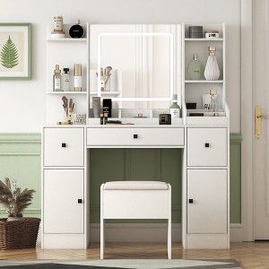 45"W Makeup Vanity Desk Vanity Table Dressing Table with 3-Mode Lighted Mirror, 3 Drawers and 2 Cabinets, White-ModernLuxe - 1 of 4