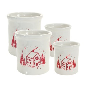 Ceramic Crock with Snowy House Scene Set of 4 – 4"D & 5.25"D Christmas Decor by Melrose - 1 of 4
