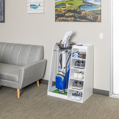 White Wooden Freestanding Golf Bag Organizer with Multiple Shelves