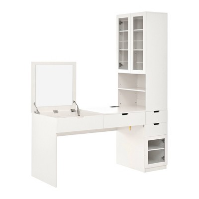 Vynxaria 61.2'' Multifunctional Vanity Desk with Lift-Up Mirror and Charging Station (2 AC, USB, Type-C) - 3 Drawers, 2 Glass Cabinets