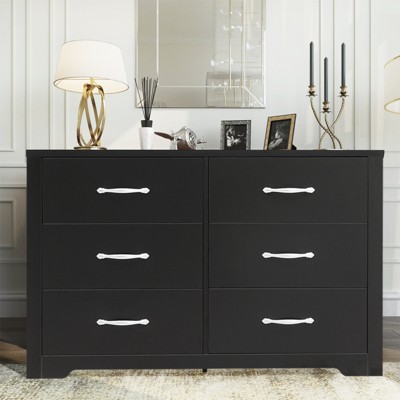 SKONYON Dresser with 6 Drawers Large Wooden Dresser Horizontal Storage Organizer for Bedroom