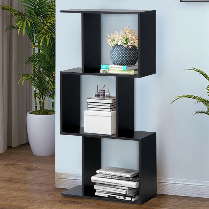 Costway 3-tier S-Shaped Bookcase Free Standing Storage Rack Wooden Display Decor Black, 3 of 11