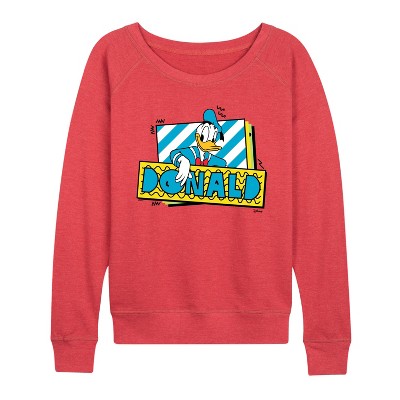 Women's - Disney - Leaning Donald Duck With Nametag Lightweight French Terry Wide Neck Long Sleeve Shirt