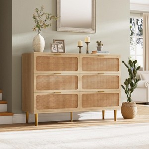 Jojoka 6 Drawer Rattan Dresser, Wooden Storage Organizer with Deep Drawers and Wide Top for Bedroom, Living Room, Entryway, Kids Room - 1 of 4