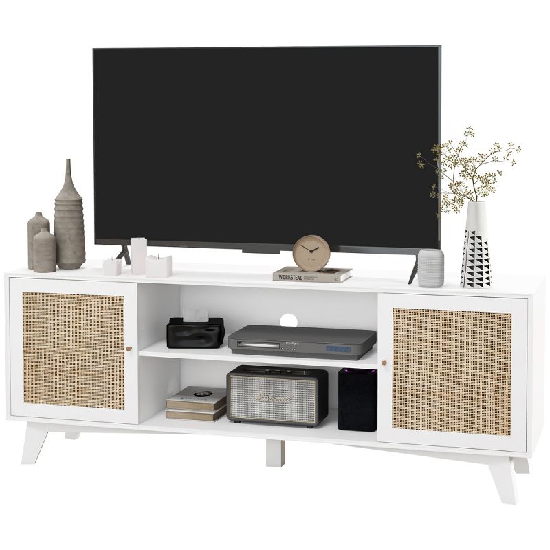 HOMCOM TV Stand Cabinet for TVs up to 65", Boho Entertainment Center with Rattan Doors, Adjustable Shelves and Cable Holes for Living Room, White, 4 of 7