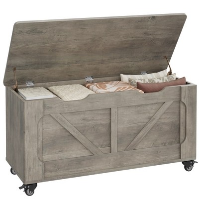 Storage Chest, Storage Trunk with 4 Wheels, 39.4" Wooden Storage Bench with 2 Safety Hinges, Supports 350 lbs, for Living Room,Gray