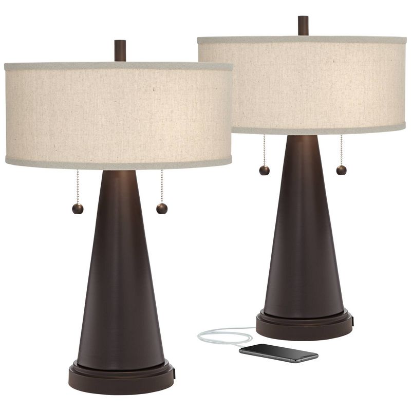 Franklin Iron Works Craig Rustic Farmhouse Accent Table Lamps 23" High Set of 2 Bronze with USB Charging Port Natural Drum Shade for Bedroom Desk, 1 of 9
