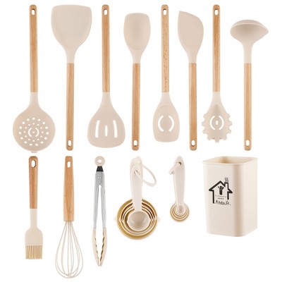 SKONYON 22-Piece Silicone Kitchen Utensil Set with Wooden Handles, Holder, Measuring Cups & Spoons, Nonstick-Safe